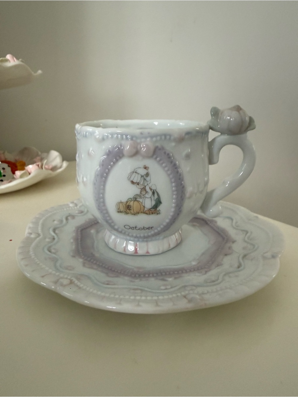 Precious Moments White and Lavender October Teacup with Saucer